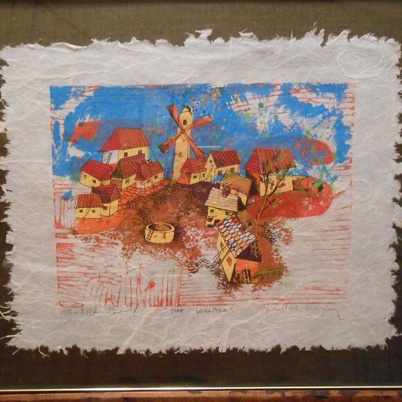 Yankel Ginzburg Japanese Rice Paper Woodcut "The Village" Artist's Proof, Framed